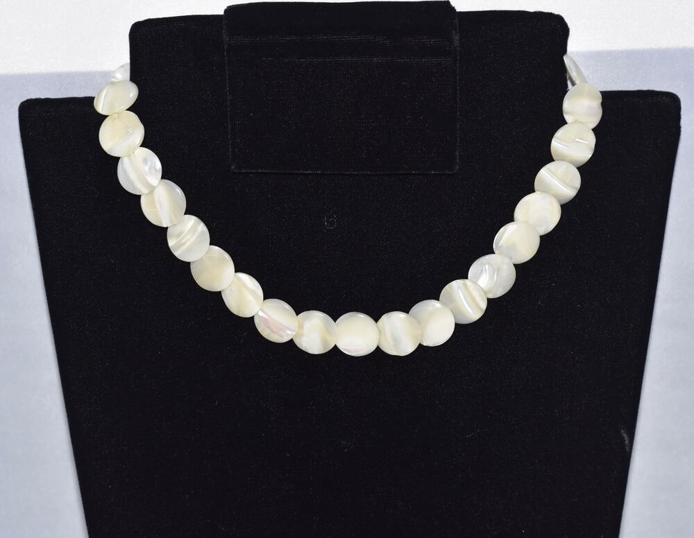 Antique Art Deco Mother Of Pearl Shell Coin Beads Single Strand Choker Necklace